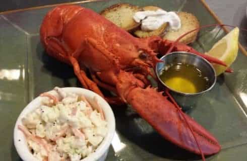 Close up view of steamed lobster, butter, lemon, and coleslaw on dark green stone plate