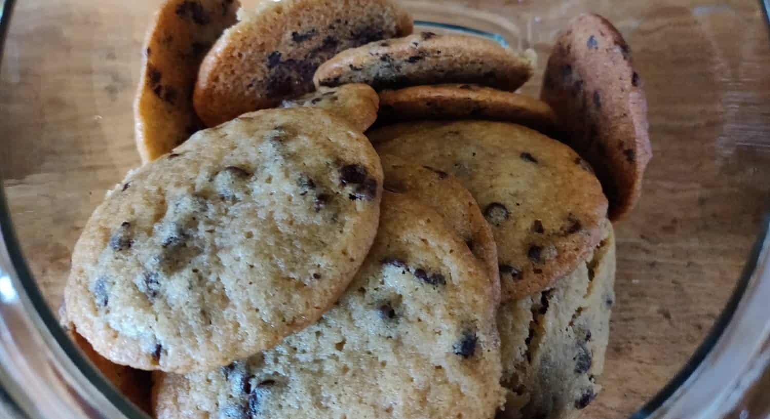 Close up view of chocolate chip cookies in glass bowl
