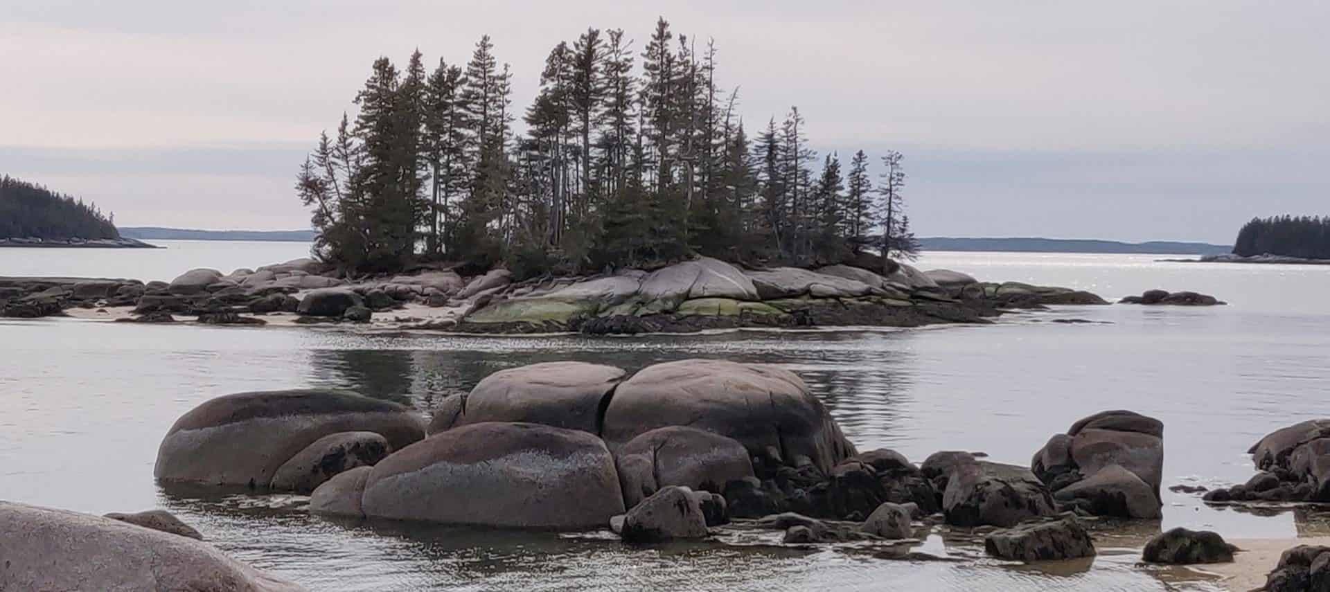 Small island of rocks and trees surrounded by water with large boulders in the water and trees and hills in the background