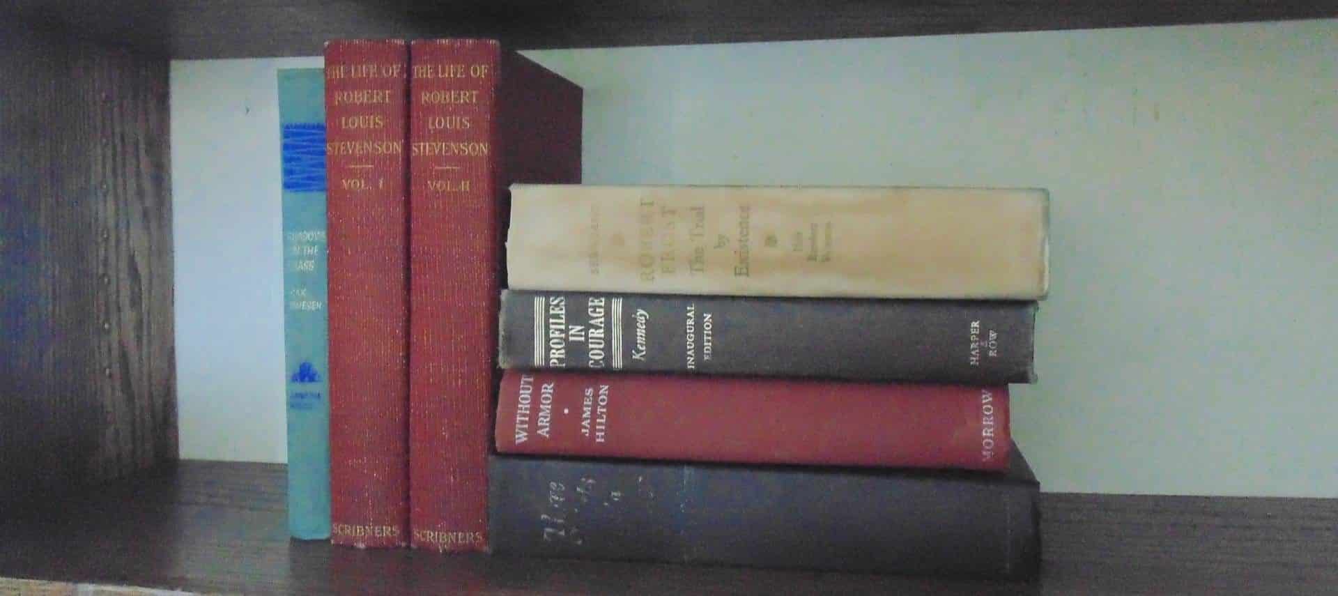 Close up view of old books on a wooden bookcase